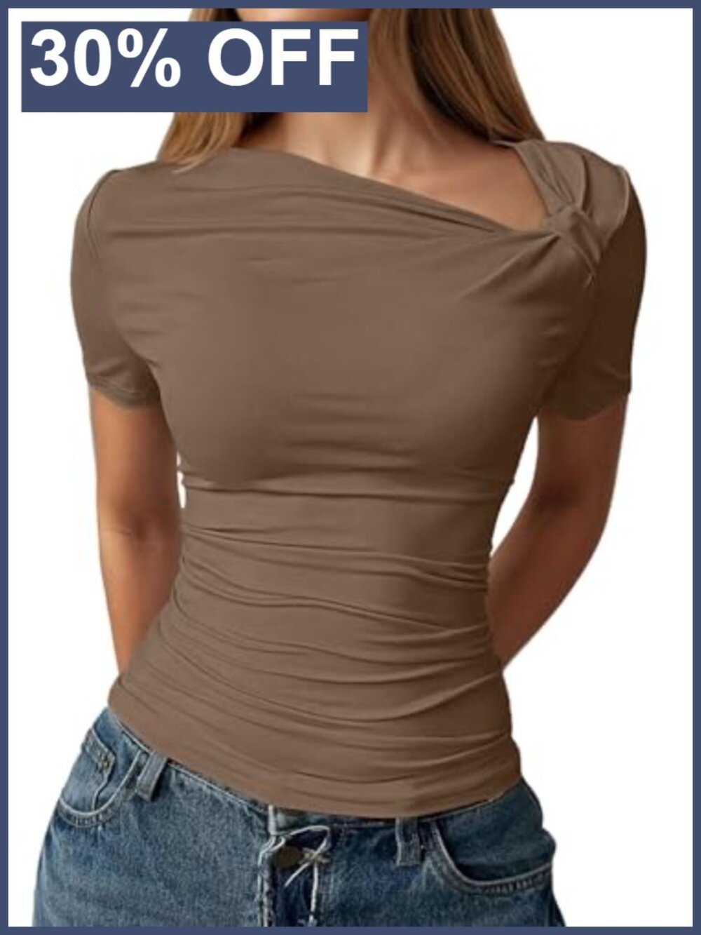Asymmetrical V-Neck Twist Knot Ruched Short Sleeve Crop Top